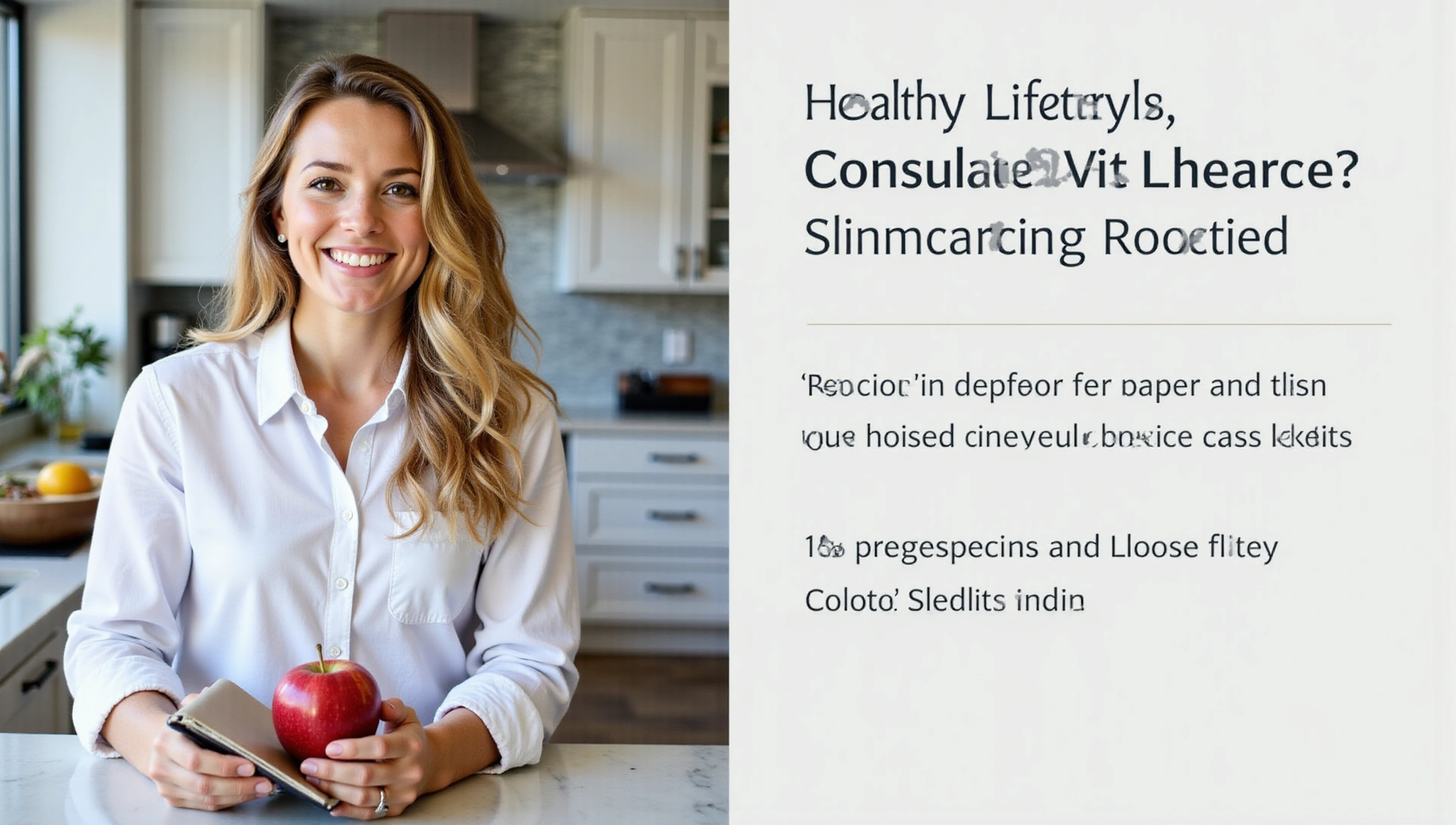 A professional, friendly nutritionist smiling in a modern, clean kitchen while holding a fresh apple and a notebook, suggesting a healthy lifestyle consultation.