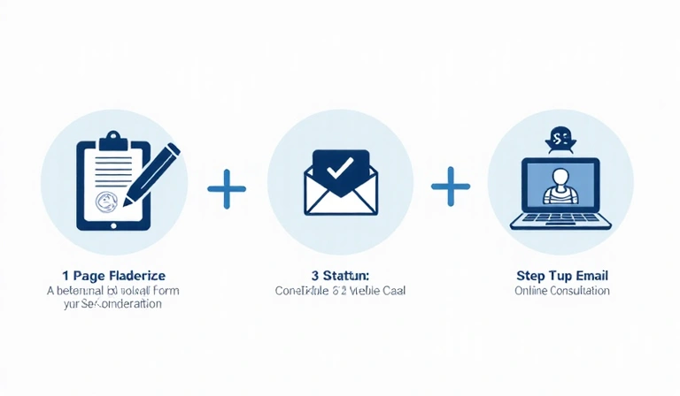 A flow chart or infographic illustrating the three steps of the online consultation process with icons representing each step: a form, an email icon, and a video call icon.