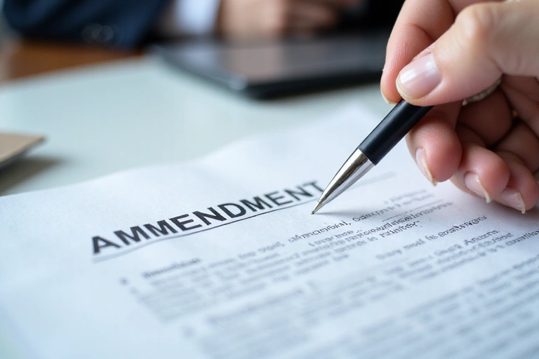 A person's hand holding a pen, pointing at legal document with 'Amendment' highlighted, symbolizing changes to terms