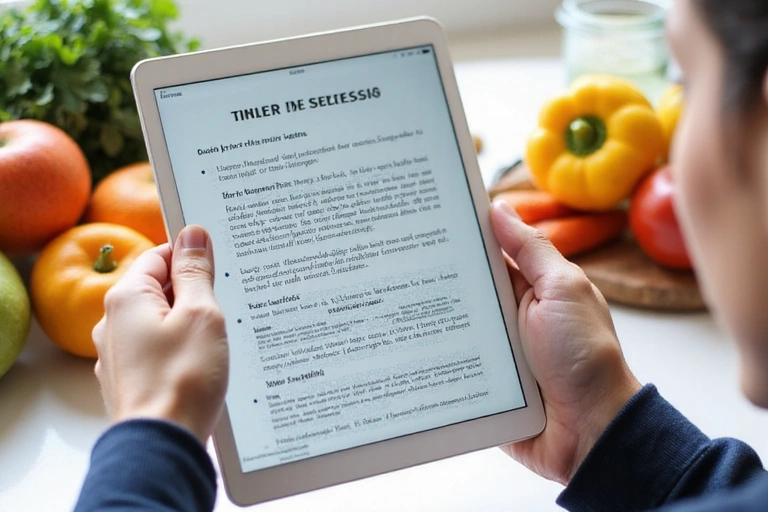 A person reading terms and conditions on a tablet, with a healthy food background