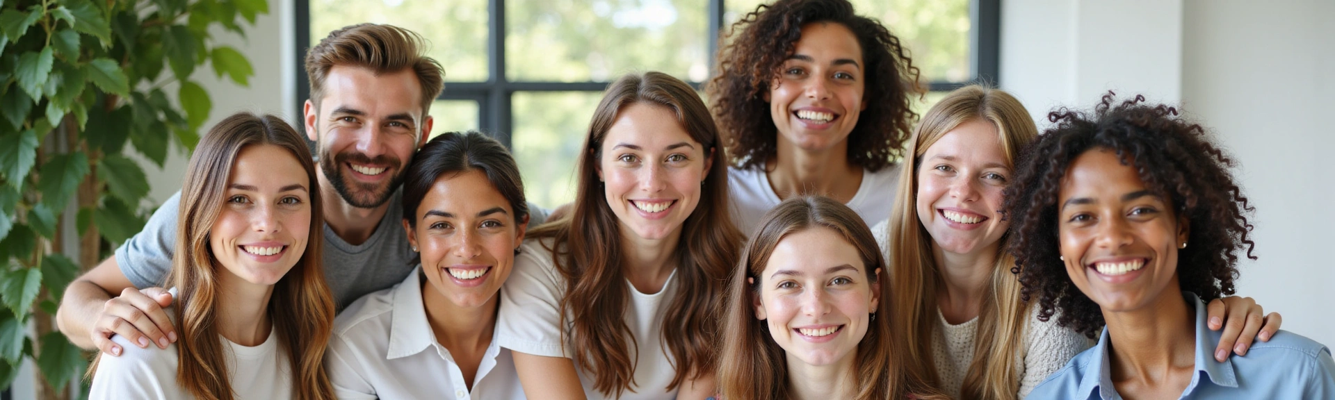 Diverse group of happy, healthy people smiling, representing client success and well-being.